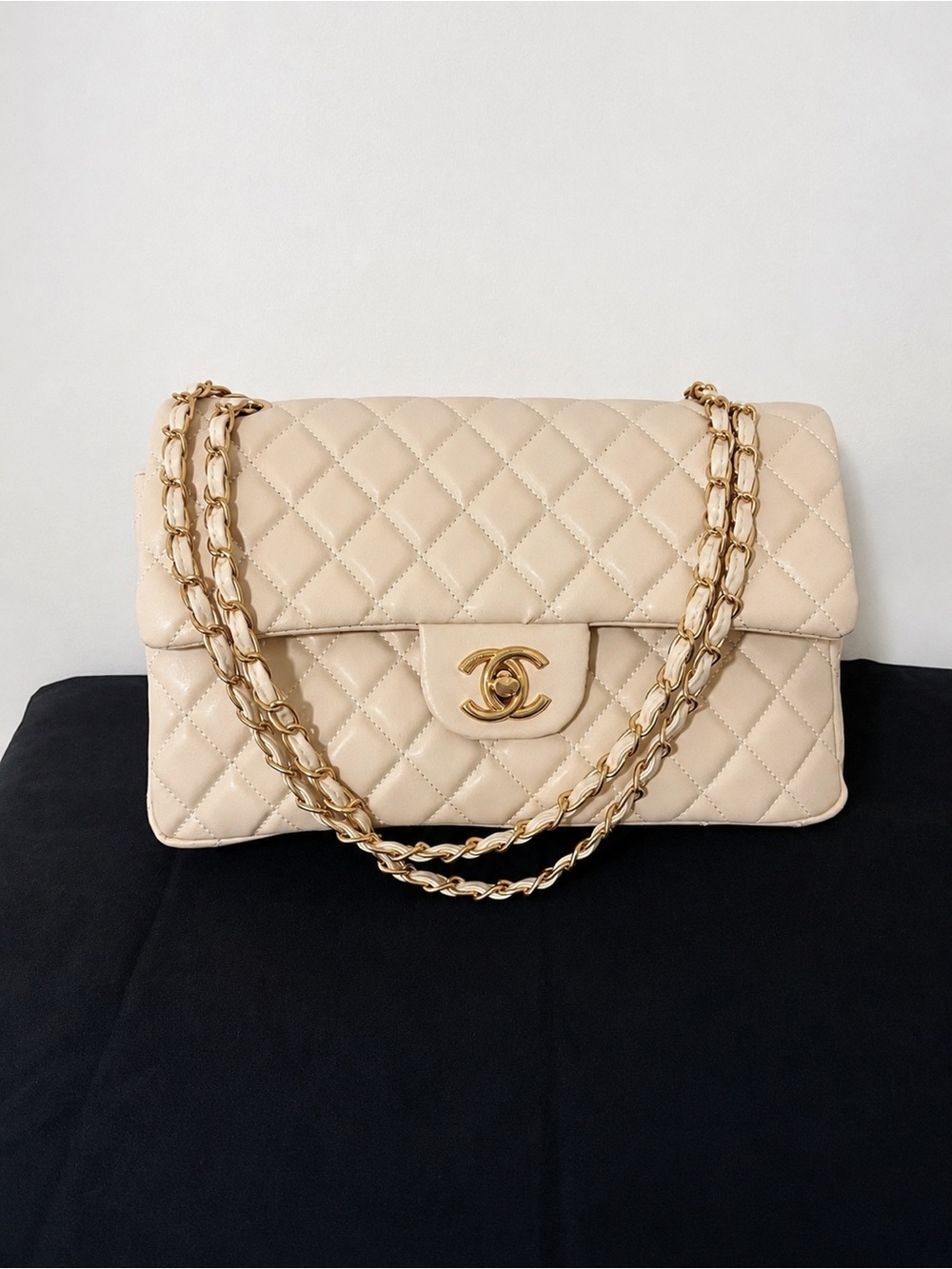 Cream Quilted Shoulder Bag with Gold Chain